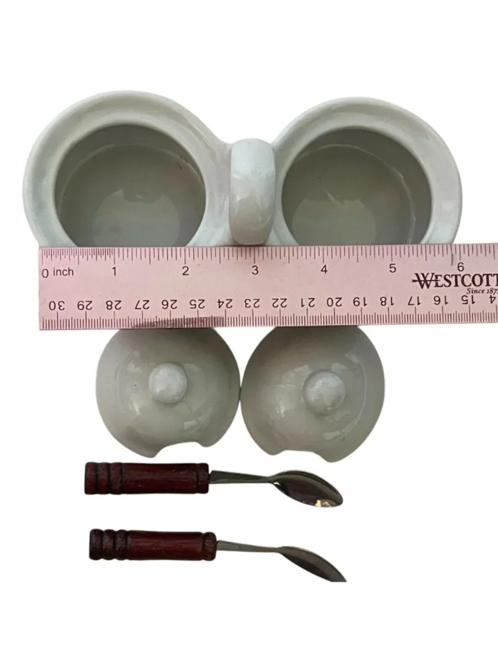Vintage Houston Harvest White Ceramic Double Condiment Server Set Wood Spoons